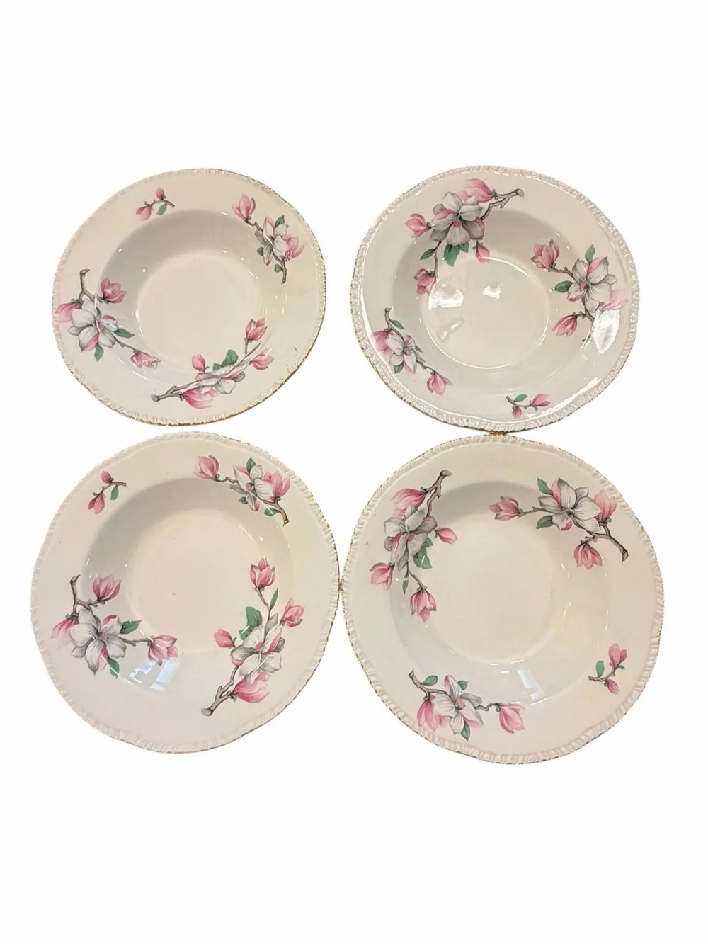 Homer Laughlin Pink Dogwood Blossom Soup Cereal Bowls Gold Rim Edge Set Of 6 VTG